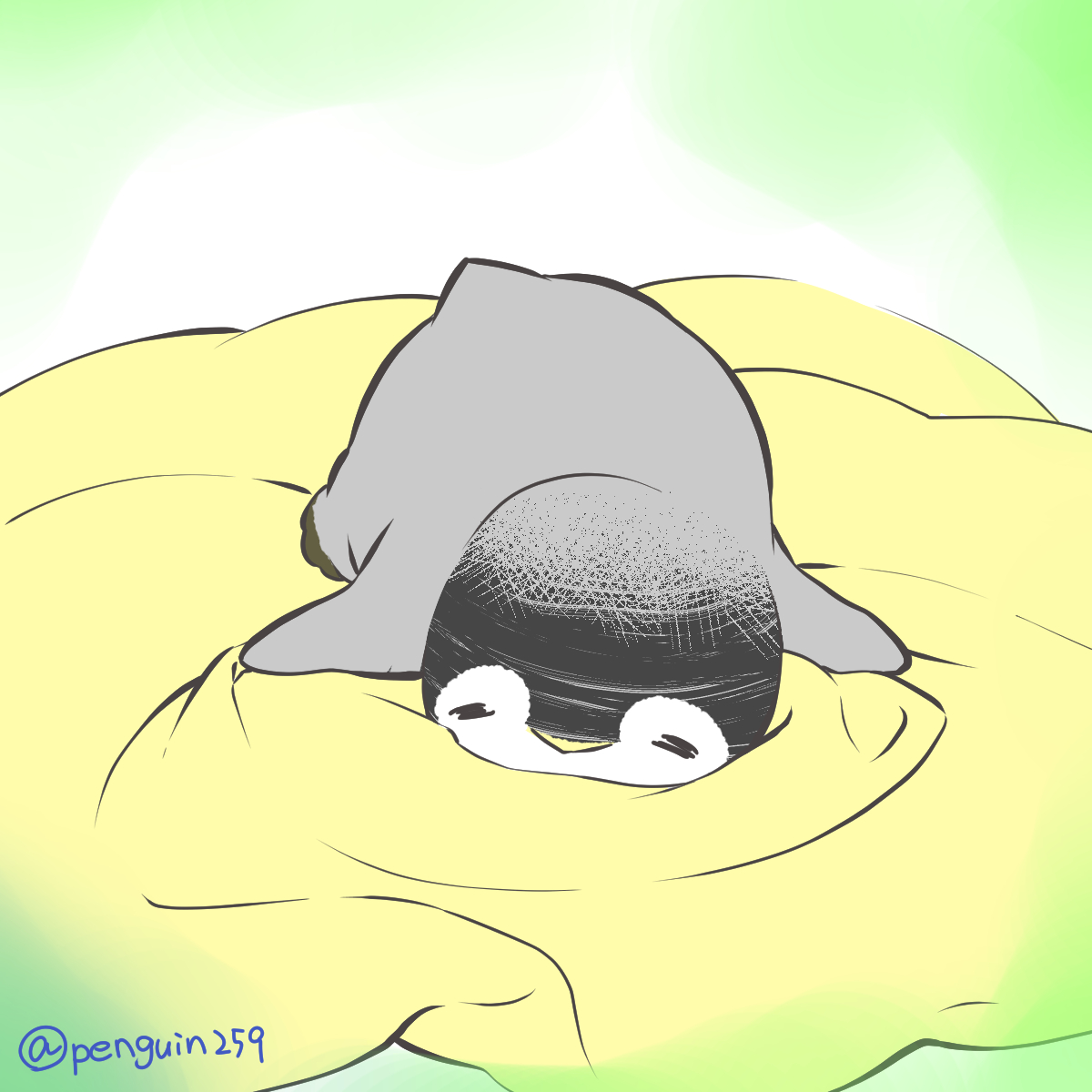 「うつ伏せで寝ると首に良くないんだって。  顔を横に向けて寝ちゃうと頸椎に負担なん」|皇帝ペンギンのペンペンのイラスト
