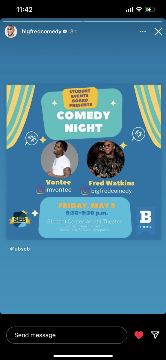 ubSEB's tweet photo. UBALT Community this Friday May 5, 2023 from 6:30pm to 9:30pm we will be hosting a Comedy Night staring @imvontee &amp; @bigfredcomedy if you haven’t already go register in campus groups for your tickets. #destressfest #ubalt #ubaltinvolved #studentengagement https://t.co/PIB8Qhcdyl