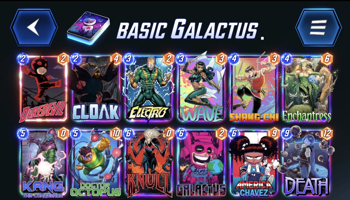 NoP_streaming's tweet photo. I finally did it! 🎉 Unsure if Galactus is the top deck, but its easy to know when to snap or retreat. In many games, Kang was like a 2nd Galactus. Ideal setup on turn 5 (minus Galactus), play Kang, opponents flee, and I grab a cube! 🎲🔥 #Gaming #DeckStrategy #GalactusDeck https://t.co/qaRRDEvJmz