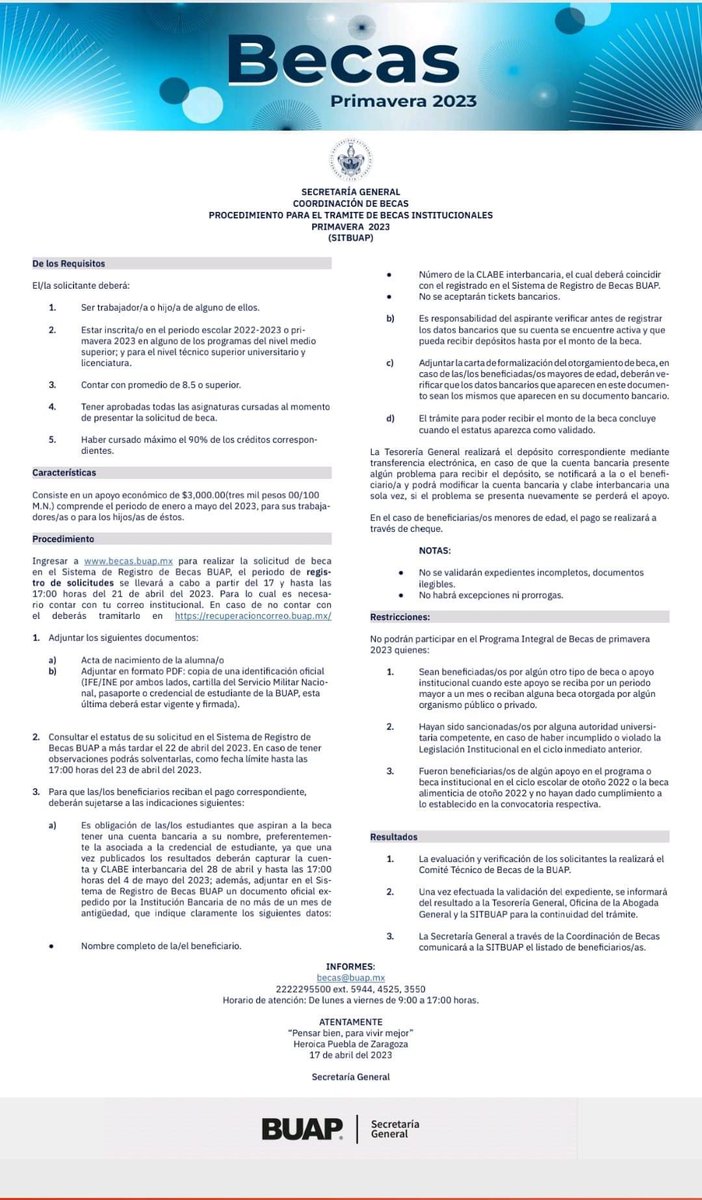 sitbuap's tweet photo. Excelente día compañer@s

🚩Compartimos los procedimientos de trámite de becas institucionales Primavera 2023, para trabajadores  o hijos de trabajadores. https://t.co/bpEKvrbayY