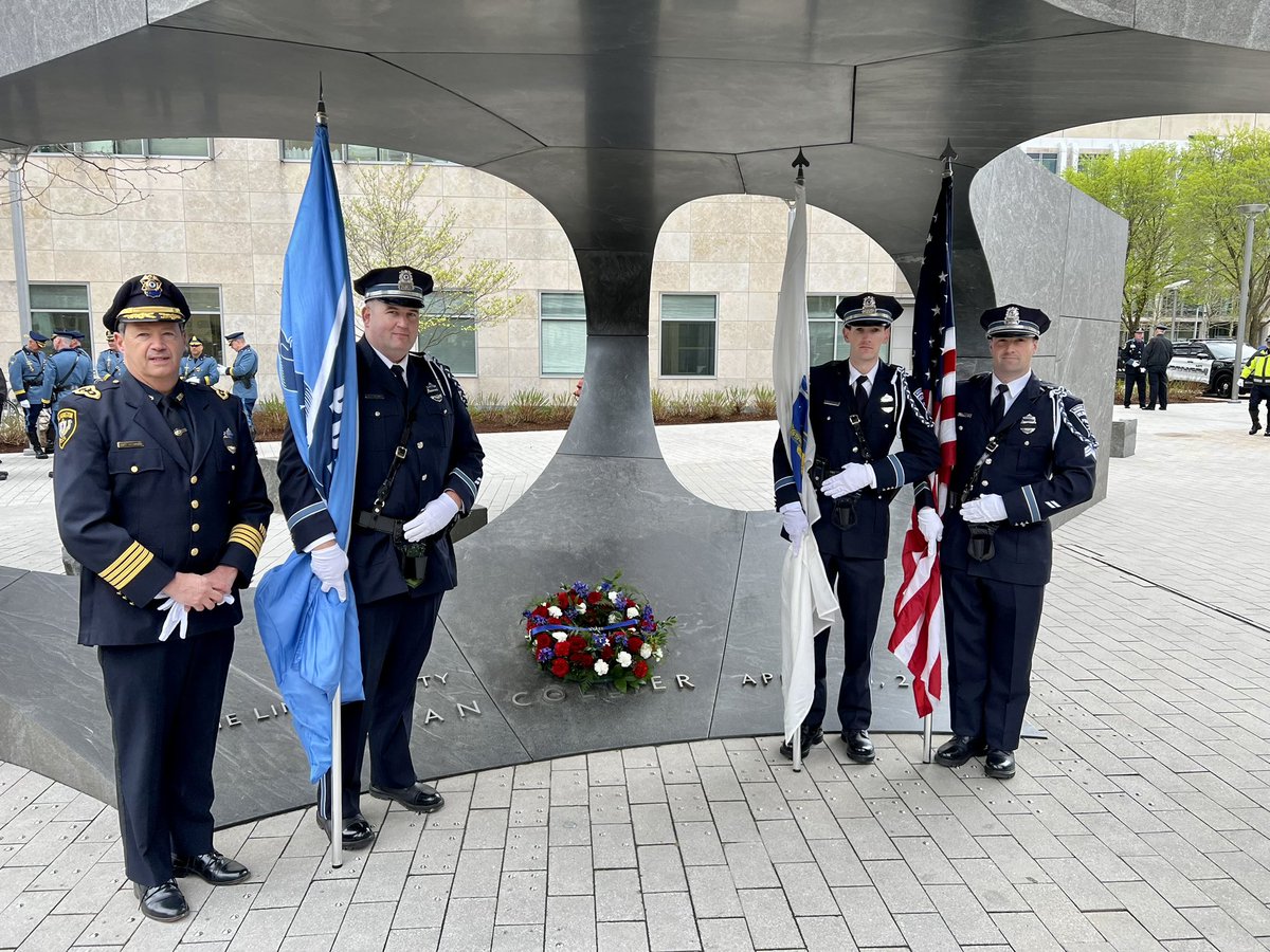 WilmingtonMAPD's tweet photo. This morning, WPD officers attended the 10th anniversary memorial ceremony for @MITPolice Officer #SeanCollier. We were honored to be there not only in support of our brother and sister officers of the MIT Police Department but also in support of Sean’s family. #WilmingtonMA https://t.co/iv82NZUy7b
