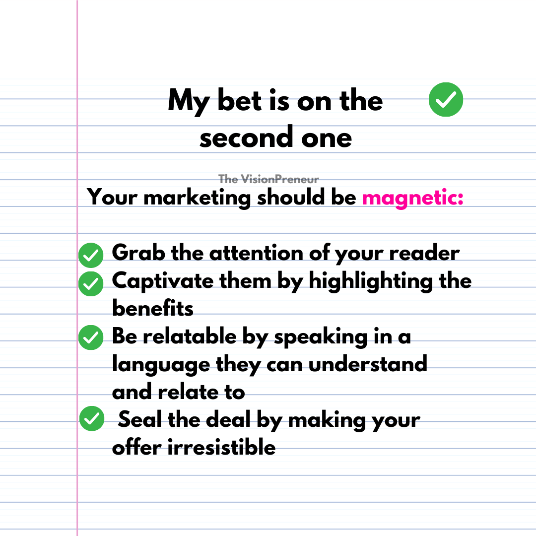 Vision_Preneur's tweet photo. Making your marketing magnetic means creating messaging that attracts and resonates with your target audience. Here are some strategies to help make your marketing magnetic:

Know your target audience: Develop a deep understanding of your target audience, including their needs, d https://t.co/21CmBgRxg7