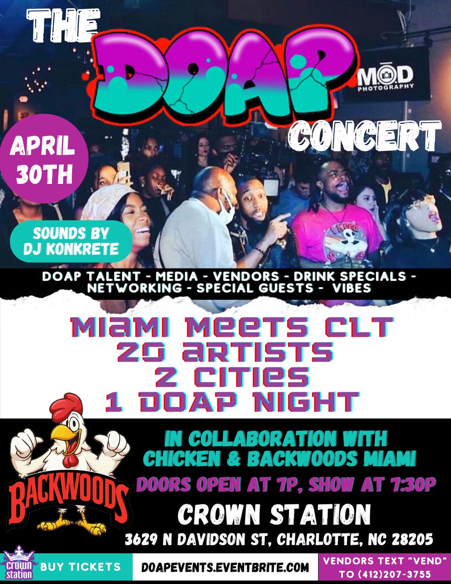 criminxlchaos's tweet photo. We back out in these streets! Pull up on us April 30th at Crown Station for the return of #theDOAPconcert through #DOAPevents! Hosted by:
@ReeCeeRaps

Use promo code CHAOS for $5 off your ticket!
Link in bio. It's about to get real chaotic! https://t.co/hj3n9q7qCF