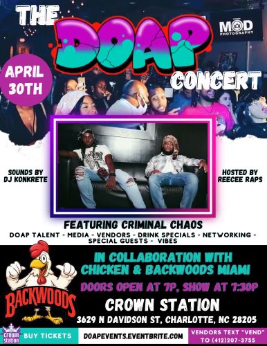 criminxlchaos's tweet photo. We back out in these streets! Pull up on us April 30th at Crown Station for the return of #theDOAPconcert through #DOAPevents! Hosted by:
@ReeCeeRaps

Use promo code CHAOS for $5 off your ticket!
Link in bio. It's about to get real chaotic! https://t.co/hj3n9q7qCF