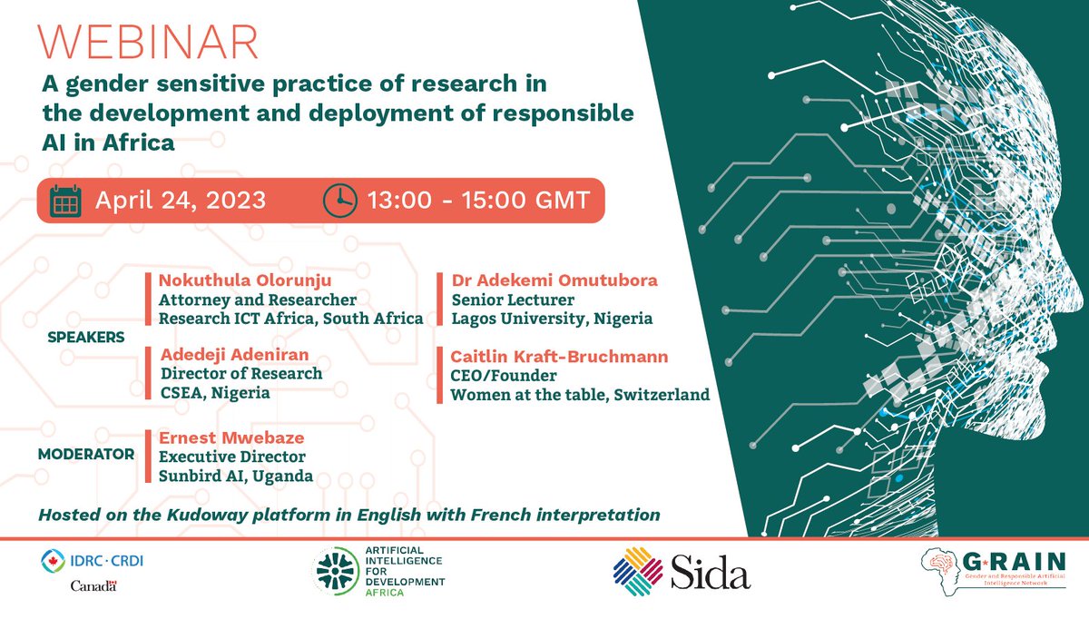 📢 We are thrilled to invite you to our upcoming webinar on :  "A gender sensitive practice of research in the development and deployment of responsible AI in Africa"

📅Monday April 24
⏰1pm GMT on <a href="/KUDOway/">KUDO</a>

Link to the event will be shared soon.