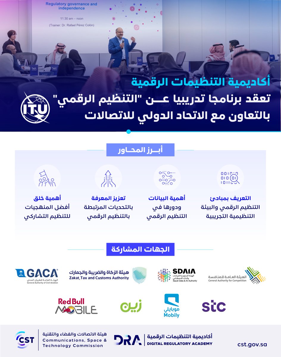 CST_KSA's tweet photo. ضمن مساعيها لتأهيل القدرات الوطنية..
#أكاديمية_التنظيمات_الرقمية تعقد برنامجا تدريبيا عن "التنظيم الرقمي" بالتعاون مع الاتحاد الدولي للاتصالات "ITU"

للمزيد: https://t.co/MgbcNzt9iv https://t.co/sbcc8ZdaWz