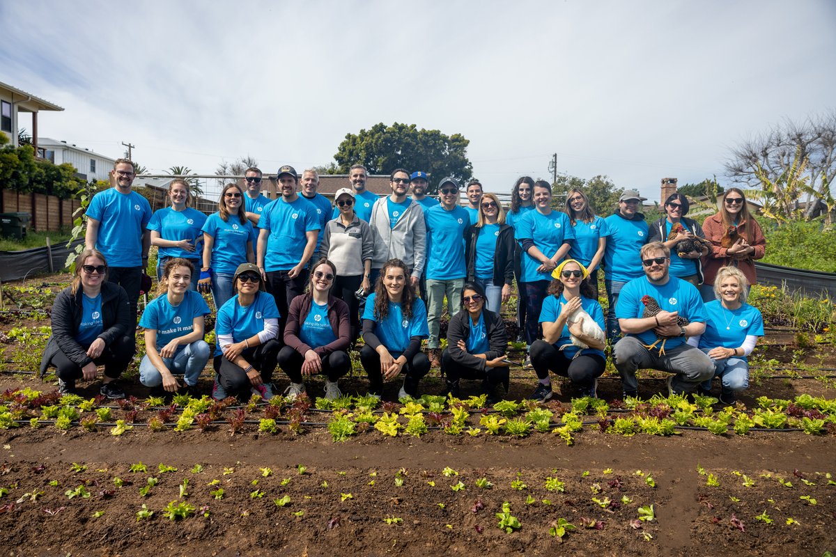 HP's tweet photo. The HP marketing team in San Diego teamed up with 1000 Tiny Farms for our #40DaysofDoingGood campaign to spend a morning learning farm tasks to support their gardens. The team had a blast making seed trays, planting, propagating, and harvesting! #NationalVolunteerWeek https://t.co/GhL4WvfLVy