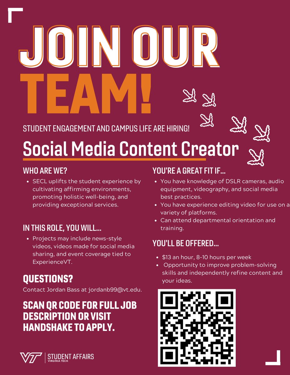 VTCampusLife's tweet photo. ⚠️Student Engagement and Campus Life is hiring!!!⚠️

We're looking for students to fill these roles:

✅ Photographer/Videographer
✅Graphic Designer
✅Social Media Content Creator

Apply now on Handshake! https://t.co/iGzoCeSVBs