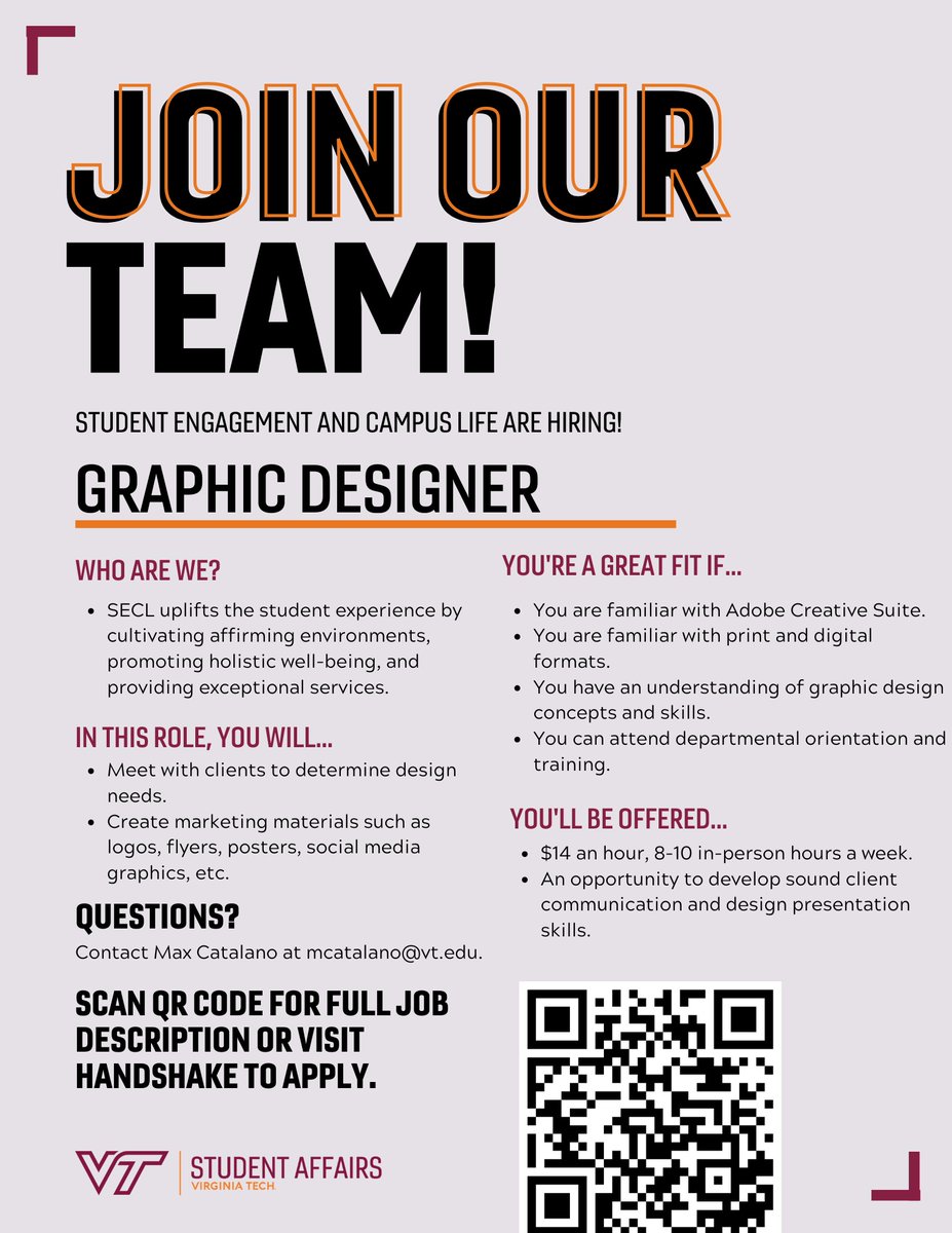 VTCampusLife's tweet photo. ⚠️Student Engagement and Campus Life is hiring!!!⚠️

We're looking for students to fill these roles:

✅ Photographer/Videographer
✅Graphic Designer
✅Social Media Content Creator

Apply now on Handshake! https://t.co/iGzoCeSVBs