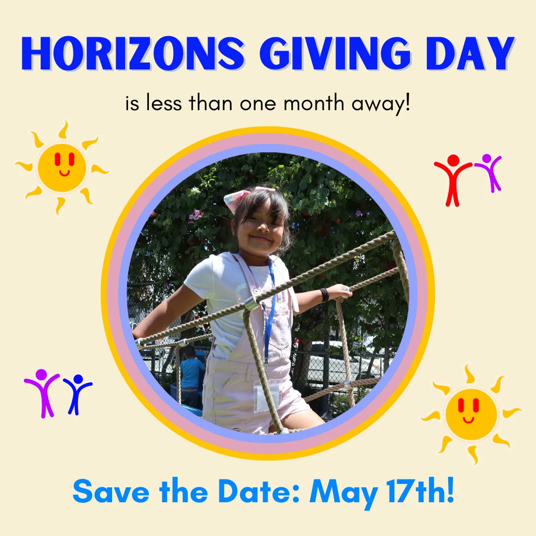 HorizonsSFFS's tweet photo. Get ready! Horizons Giving Day is a month away! Save the Date for May 17th: but remember early giving opens on May 1. Join us to help us focus on the JOY of learning this summer: bright futures tomorrow depend on joyful learning today! https://t.co/GQ5uScWh3F https://t.co/6xWHSzfW8k
