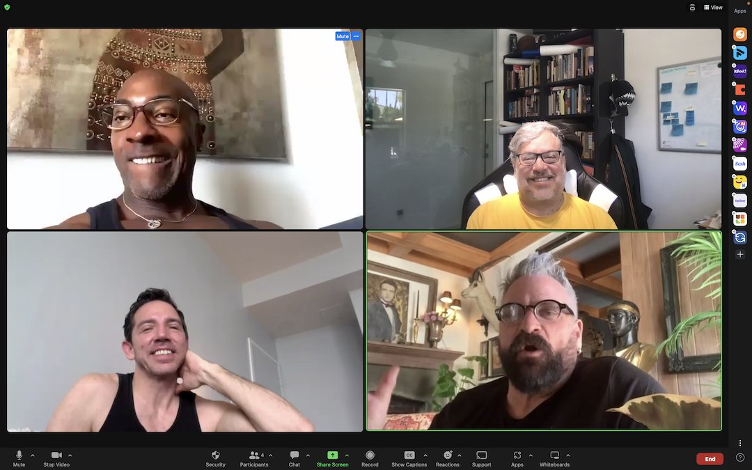 HereWeAre_Movie's tweet photo. What do our production meetings look like? Billy Clift cracking us up, and someone not getting the memo on wearing black. #production #filmproduction #indiefilm #indiemovie #herewearemovie #lgbtqfilms #lgbtqmovies #independentfilmproduction #producerslife #amproducing https://t.co/EtK0hKL6UN