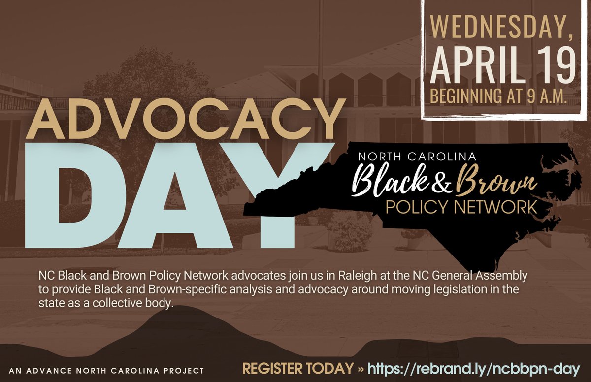 ACLU_NC's tweet photo. TOMORROW: Join the NC Black and Brown Policy Network in Raleigh at the NC General Assembly to provide Black and Brown-specific analysis and advocacy for moving legislation in the state.

Register here: https://t.co/hulE7PCrpl https://t.co/4lzCut973C