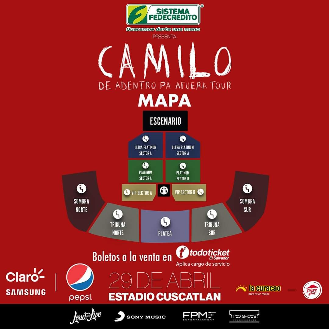 FandomMag_'s tweet image. ¿Ya tienes tus entradas para Camilo este 29 de abril? ⛺️

📌 Adquiere tus boletos en puntos de venta TodoTicket y en linea, ingresando a todoticket-sv.com

👉🏼 Clasificación: menores de 12 años acompañados de un adulto.

#Camilo #Concierto #TwoShows #DeAdentroPaFueraTour