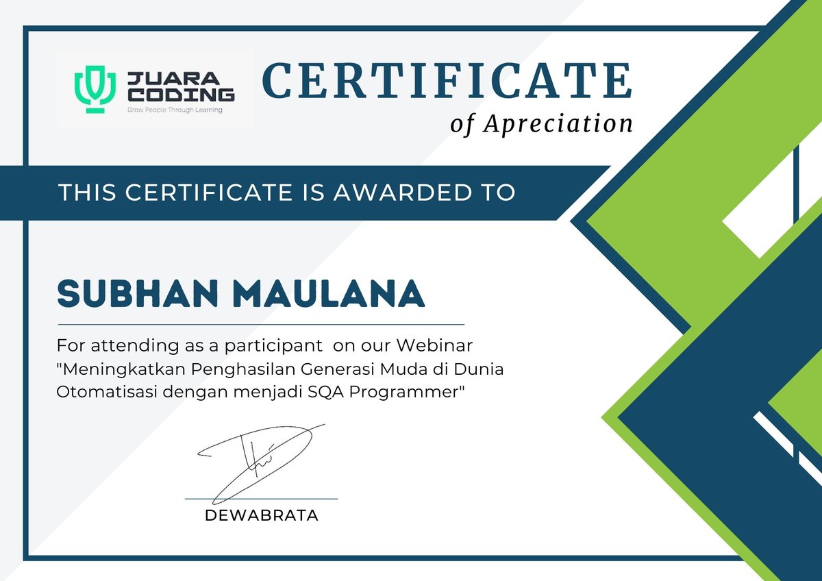 SubhanAM1981's tweet photo. Terima kasih @JuaraCoding atas sertifikasi dan webinar-nya yang menarik, inspiratif, dan bermanfaat! https://t.co/pKRTWjP7tu