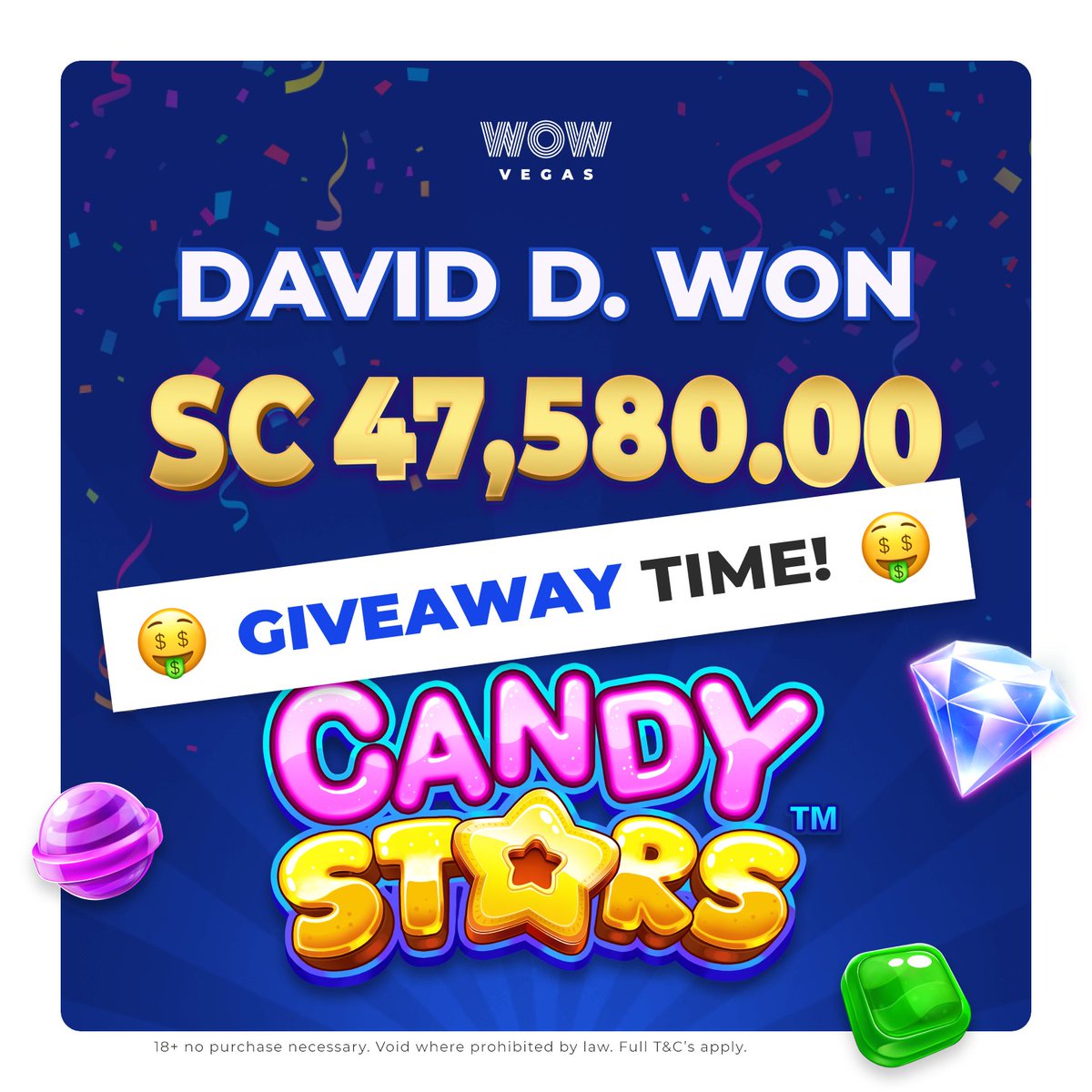 Player David D won 47,580.00 playing at WOW Vegas! 🤗🎉 

We are giving away 100 SC to be shared by 5 followers across social media who:

1 - Retweet this post
2 - Comment “Congratulations!” with their username 

Winners will be selected and credited tomorrow, good luck! 🤞