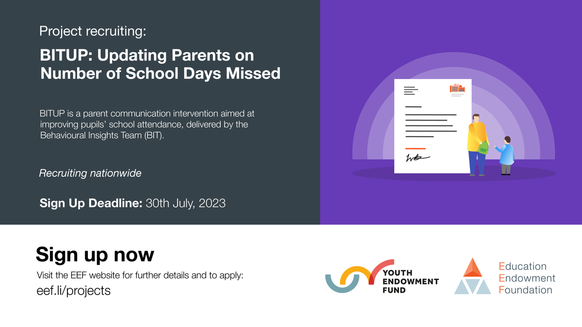 EducEndowFoundn's tweet photo. We’re recruiting secondary schools to take part in our trial of BITUP. 

The programme, developed by @B_I_Tweets looks to support attendance by sending text messages to parents and carers on the number of days of school their child has missed.  

Sign up: https://t.co/WeJf2HaLki https://t.co/ZaQXRw5dvA