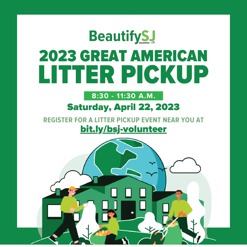 sjparksandrec's tweet photo. BeautifySJ is partnering with @MattMahanSJ, Councilmembers, Neighborhood Associations, and residents to host over 40 litter cleanup events on Saturday, April 22, 2023.
Visit https://t.co/1u6BVK7oxh for more information and to register for an event in your council district! https://t.co/n7F5tAYo8h