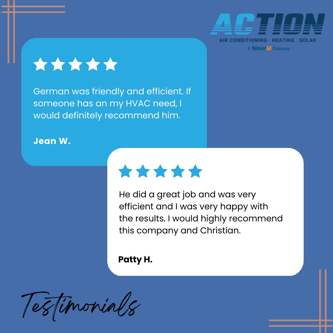 ActionAirCA's tweet photo. Action Air wanted to share some lovely 5-star reviews from our wonderful Action Customers today! Give us a call today at (760) 283-7427 or visit https://t.co/sytv0gg0gb, and be just as satisfied and happy as these customers were with our services! #actionair #customerreviews https://t.co/tKPeB3Ytey