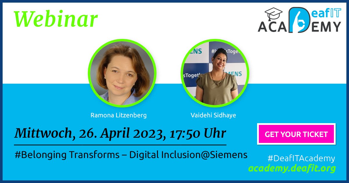 DeafITConf's tweet photo. @Siemens meets Inclusion: Einblicke über die Transformation eines Weltkonzerns und unserer Gesellschaft geben Euch Ramona &amp; Vaidehi in ihrem Vortrag "#Belonging Transforms – Digital Inclusion@Siemens" Nutze die Chance und nehme am teil! https://t.co/ReFu63gKPs #DeafITAcademy https://t.co/VkjOQL4yCG
