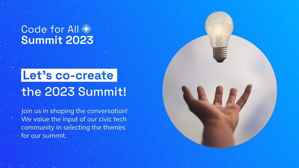CodeforAll's tweet image. 🗳️🔊Make your voice heard at the Code for All Summit 2023! 🌐

🗣️🎉 Help shape our 10th Anniversary Summit by choosing your top 3 theme picks or submitting your own idea! 💡 Join us in co-creating an impactful event! → bit.ly/40jLDJ3

#Code10Years