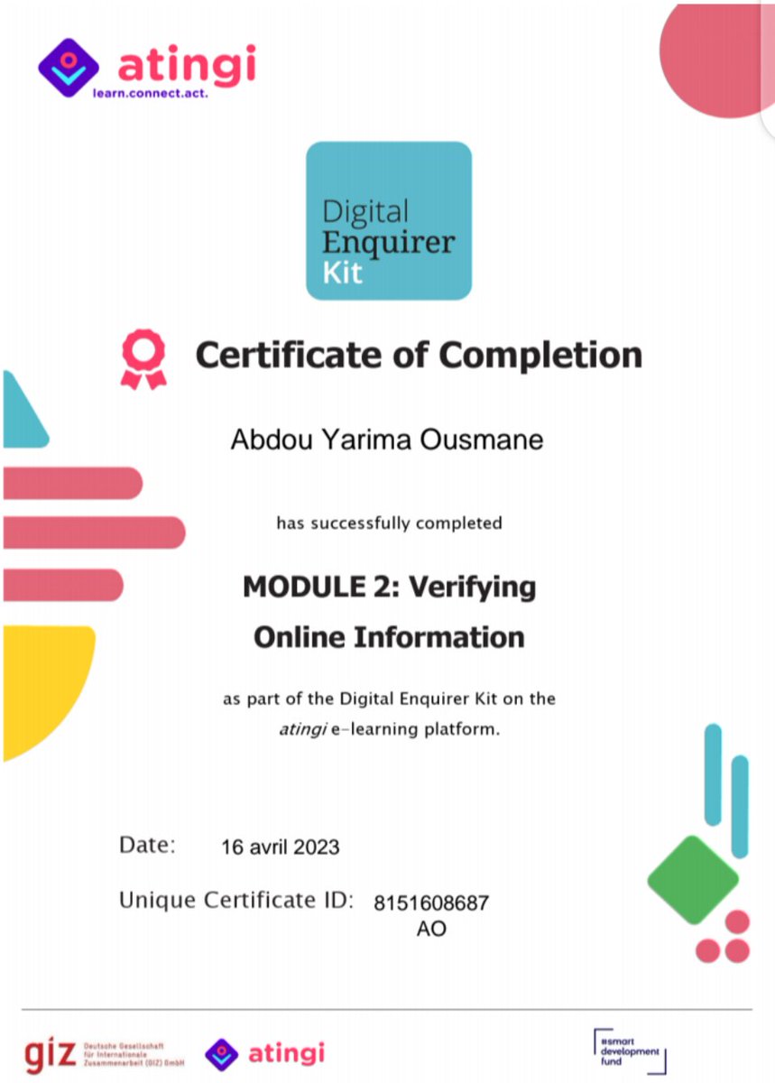 Empiretatee's tweet photo. My 4 certificates of completion the 4 modules in Digital Enquirer Kit:
#1. Identifying and Responding to Misinformation.
#2. Veryfying Online Information.
#3. Collaborating on and Documenting Your Digital Enquiry.
#4. Examining and Sharing Your Findings.
#SmartDevelopmentFund https://t.co/MyFLQuLXrz
