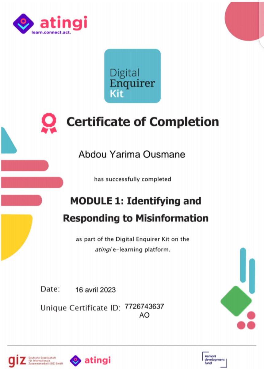 Empiretatee's tweet photo. My 4 certificates of completion the 4 modules in Digital Enquirer Kit:
#1. Identifying and Responding to Misinformation.
#2. Veryfying Online Information.
#3. Collaborating on and Documenting Your Digital Enquiry.
#4. Examining and Sharing Your Findings.
#SmartDevelopmentFund https://t.co/MyFLQuLXrz