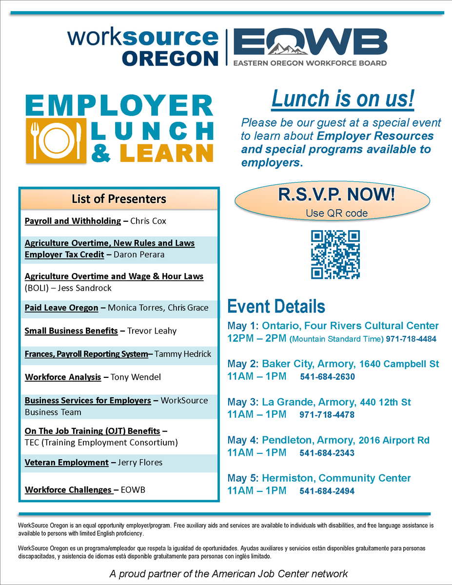 UCBoardofComm's tweet photo. May 1-5 Eastern Oregon Workforce Board and Workforce Oregon are hosting a luncheon series for Oregon employers to learn about available employer resources and special programs.  Details are in the attached. https://t.co/p30CMxwEHu