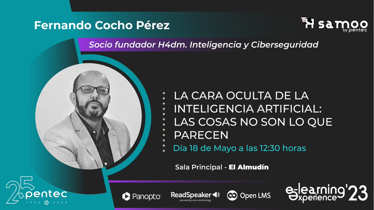 SamooElearning's tweet photo. Hoy empezamos a descubrir en nuestras redes sociales uno por uno a nuestros ponentes y sus intervenciones.
De la mano de Fernando Cocho Pérez como parte del bloque de sesiones inaugurales del 18 de Mayo nos hablará sobre "La cara oculta de la IA: las cosas no son lo que parecen" https://t.co/cHz9lTw6Tq