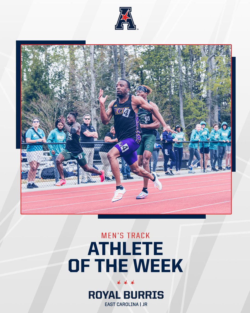 AmericanXCTrack's tweet photo. 𝗠𝗲𝗻'𝘀 𝗧𝗿𝗮𝗰𝗸 𝗔𝘁𝗵𝗹𝗲𝘁𝗲 𝗼𝗳 𝘁𝗵𝗲 𝗪𝗲𝗲𝗸

Royal Burris of @ECUTFXC ran a 10.24 100-meter dash, the second best mark in the conference and 39th in the nation!  

#AmericanTF https://t.co/znj39QfpuF