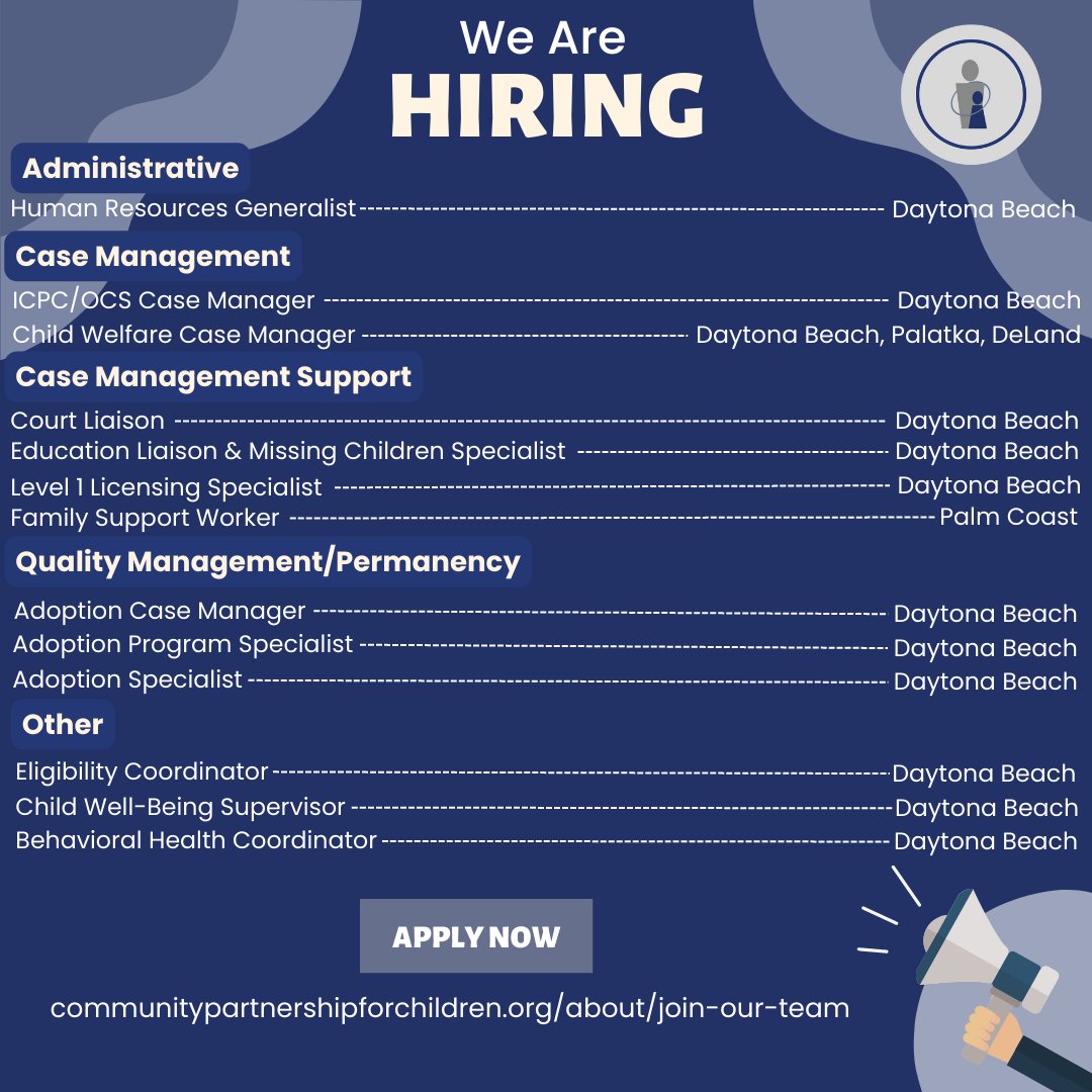 CPCofFlorida's tweet photo. Community Partnership for Children is hiring! Learn more at https://t.co/KIdrTPKztQ
.
.
.
#nonprofit #dogood #socialgood #makeadifference #foster #adopt #volunteer #fosterhomes #adoption #fostercare #fosteryouth #fosterparents #charity #community #fundraising #donations https://t.co/YyQOSKZ9bP