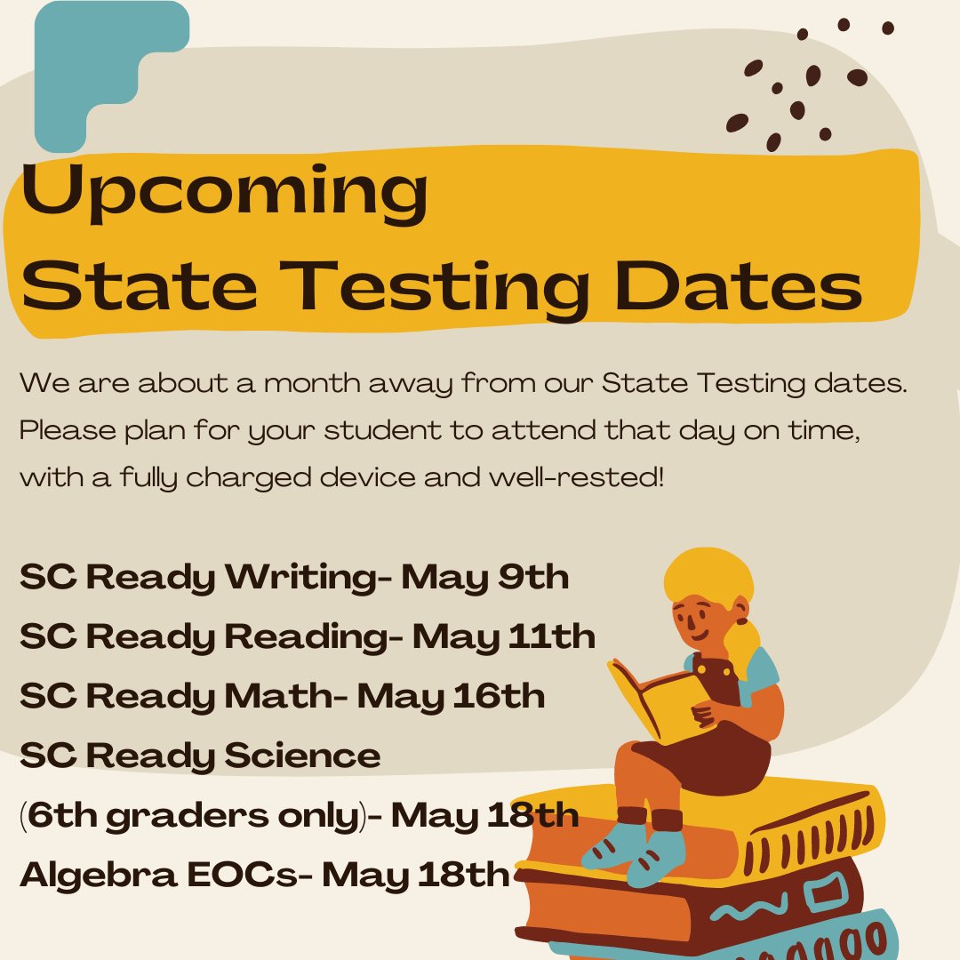 BlackWaterMS's tweet photo. As a reminder- our State Testing dates start in a week! Here are the dates and some reminders. Thank you for helping these testing dates go as smoothly as possible! https://t.co/SxC1uQ7Jde