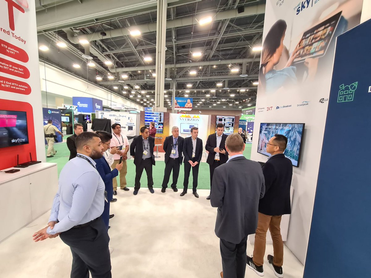 iDirect's tweet image. It was great to receive the Peruvian Delegation at our booth during #NABShow!

Customer of the #SKYflow ecosystem, members received a live demo that will soon be delivering ubiquitous access to free-to-air public TV to remote regions of Peru. Learn more: bit.ly/3KYSkvz