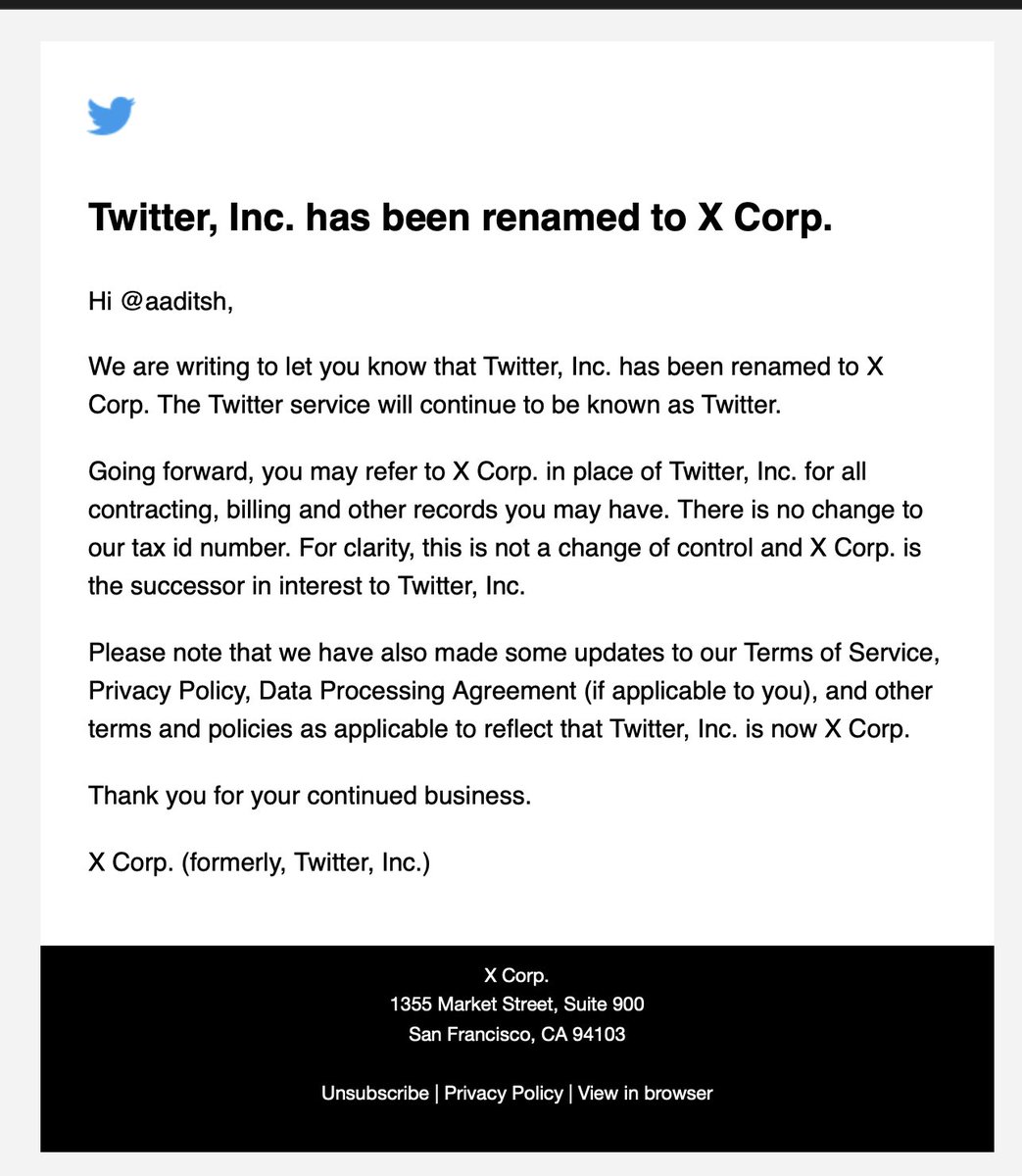 aaditsh's tweet photo. 🚨 Breaking: Twitter changes its name to X Corp. https://t.co/ekipKzYT68