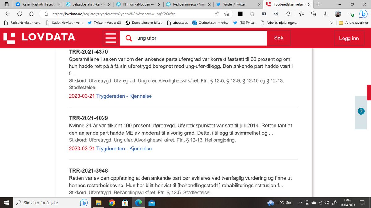 Jeg lurer på hvor heldig/uheldig man er dersom man havner innafor eller utafor beregningsmodell til ung ufør? For man VIL nok da, uansett befinne seg under EU's fattigdomsgrense, eller? <a href="/lilletinget/">Lilletinget</a>? Skjermdump første side trygderettskjennelser ung ufør i dag (8443 treff)
