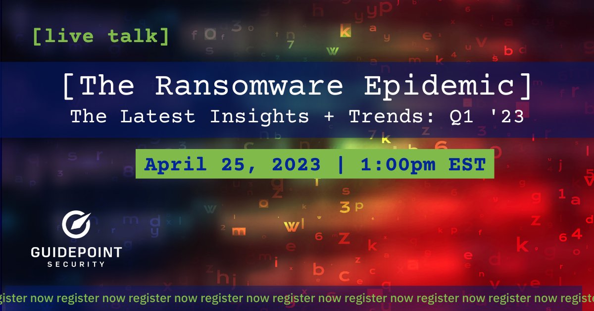 GuidePointSec's tweet photo. The Good. The Bad. The Ugly. Drew Schmitt [@5ynax], GRIT Lead Analyst, &amp; Nic Finn [@NeodymiumPhish], Threat Intelligence Consultant, break down ransomware trends in a live talk, 4/25 at 1pm EST. Register here to keep yourself up-to-date on threat actors in the space. #GRIT_Intel https://t.co/YxhTztiM84
