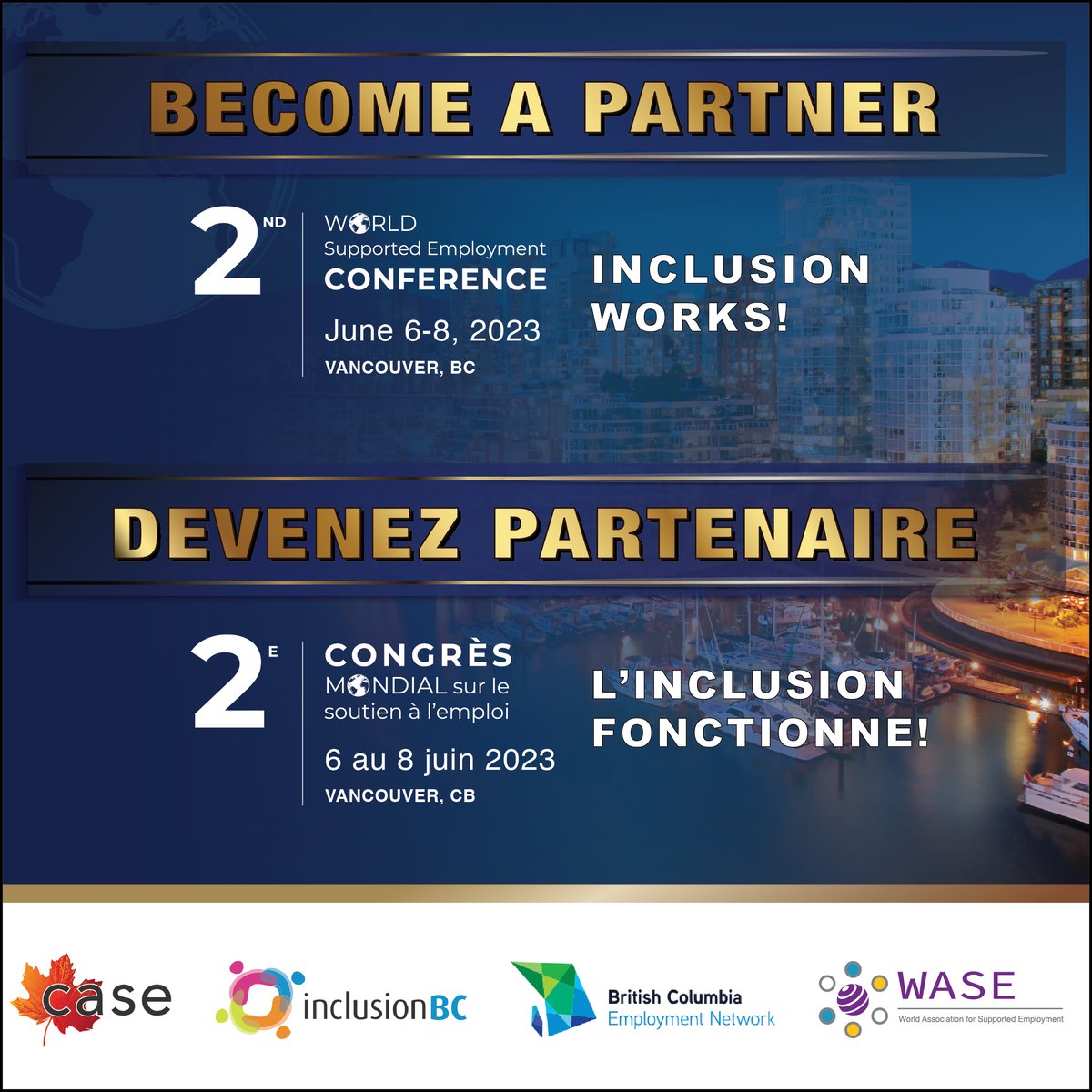 casecanada's tweet photo. Showcase your company/organization on a national level by becoming a partner of the #CASE2023 Conference: #InclusionWorks! Learn more at https://t.co/GxXdDv2D9m or email conference@supportedemployment.ca https://t.co/RjaRp3apyA