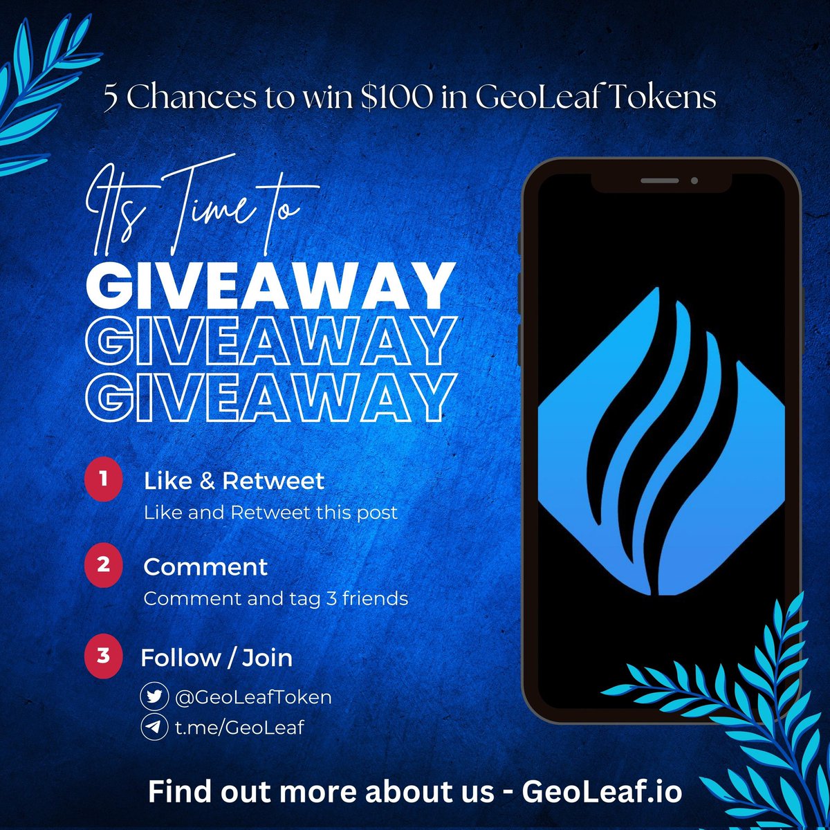 Community competition.
Join our community for the chance to win $100 each in #GeoLeaf 

1. Like &amp; Retweet this post
2. Tag 3 friends on this post
3. Follow <a href="/GeoLeafToken/">GeoLeaf</a> and join t.me/GeoLeaf

5 winners will be chosen 30th April 2023 at time of presale closure.