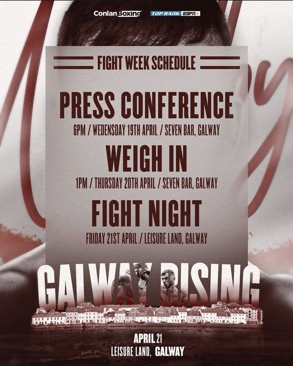 🥊☘️ #GalwayRising Fight Week schedule hosted by @ConlanBoxing
🏟 Leisure Land, Salthill, Galway. 
📆 21st April 

📷 © @ChrisScottPics • @CSXSports
📧 CSXSports@outlook.com 

#CSXSports #GalwayBoxing #Galway #Salthill #LeisureLand #IrishBoxing #KieranMolloy