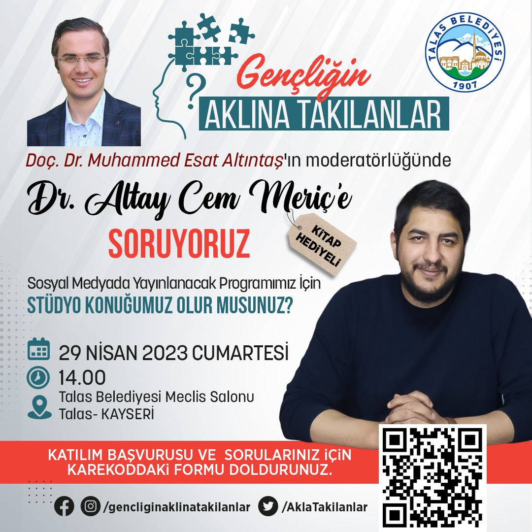 altintasme's tweet photo. "Gençliğin Aklına Takılanlar" adlı programımızdan daha fazla gencimizin haberdar olabilmesi için konuğumuz Altay Cem Meriç'in "Peygamberliğin İspatı" adlı kitabını bu tiviti RT/fav eden 5 takipçime çekilişle hediye edeceğiz 📚 (Son Tarih: 29 Nisan) https://t.co/1v5DvNzgWF