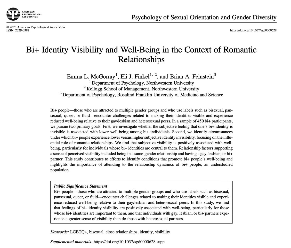 emmamcgorray's tweet photo. New publication out now with @EliJFinkel and @BFeinsteinPhD! We examined the extent to which bi+ people felt their identities were visible--known, understood, and acknowledged by others--and how this related to the types of relationships they were in. https://t.co/jrXTJ6TJN0 https://t.co/ifCYWJxoyD