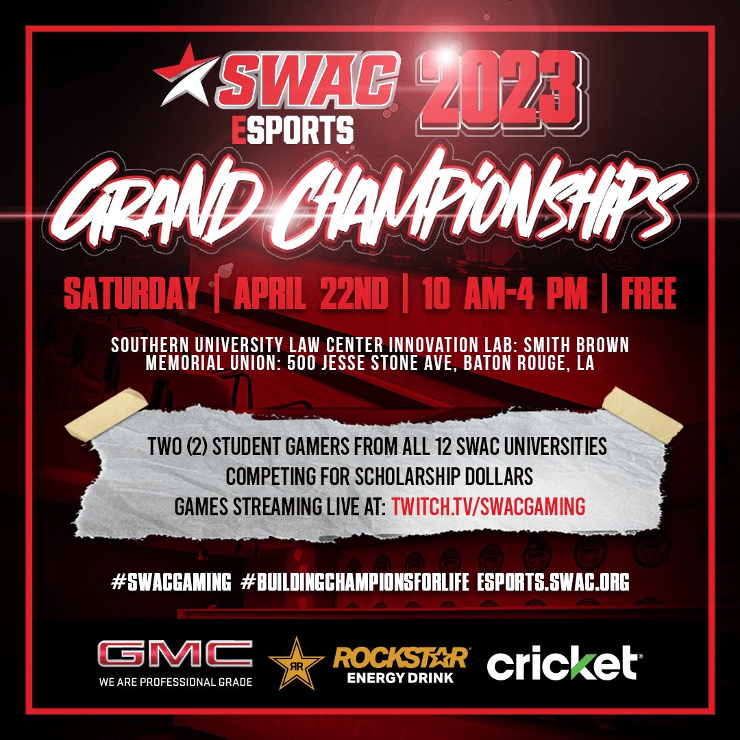 SWACEsports's tweet photo. This weekend, Saturday, April 22nd, 24 SWAC Gamers will compete in Madden 23 and NBA 2K23 at the Southern University Law Center’s Innovation Lab for an opportunity to earn a total of $3,000 in scholarship money. Games will be streaming at: https://t.co/p6xEwruyfq
#swacgaming https://t.co/gE4YzdtAiT