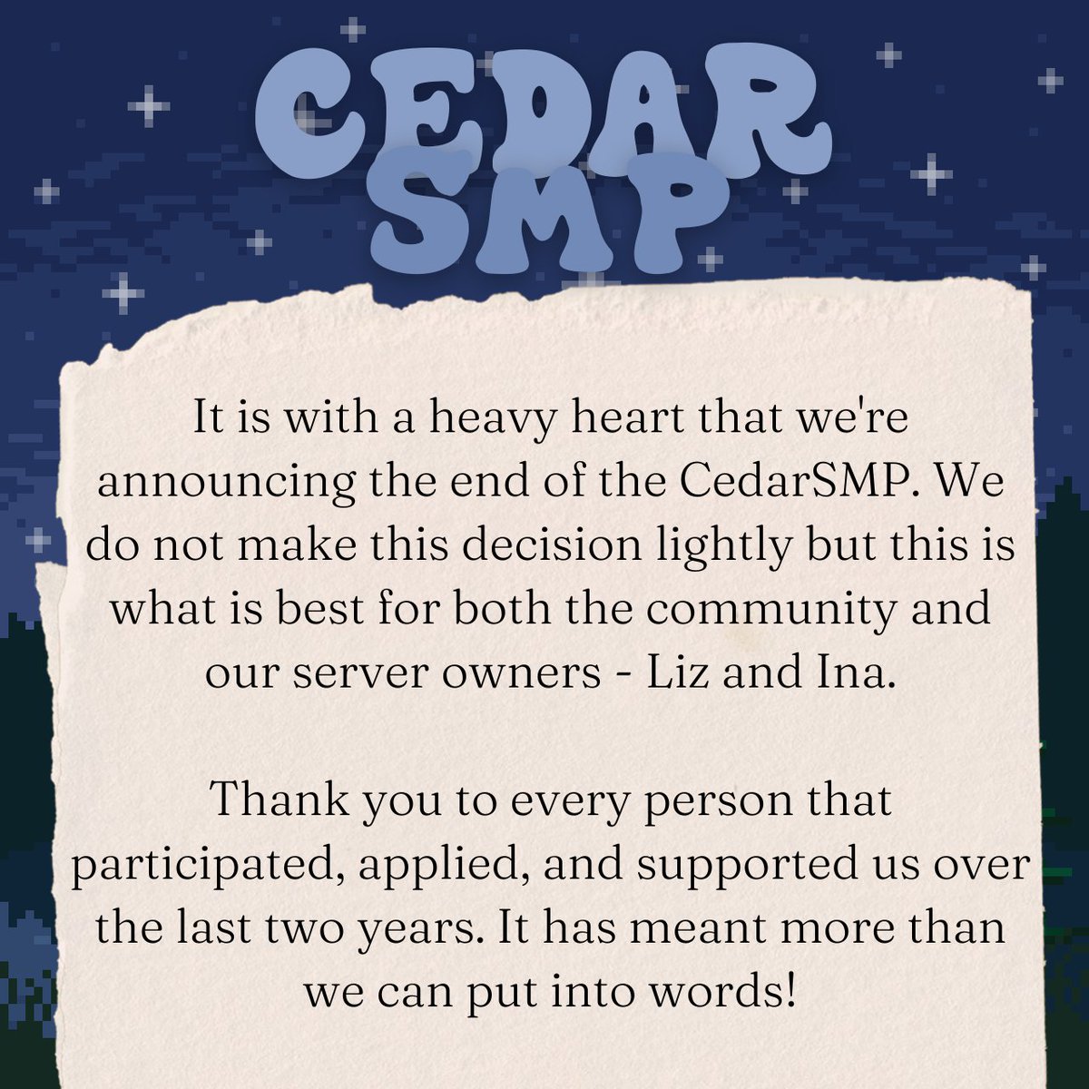 cedar_smp's tweet photo. And with a breath, our spooky forest village begins to quiet. 

Thank you to everyone who has supported us over the last two years. We have a few weeks before our finale and some stories we're thrilled to finish telling you but wanted to let the community know our decision. https://t.co/kBqKIun3Wt