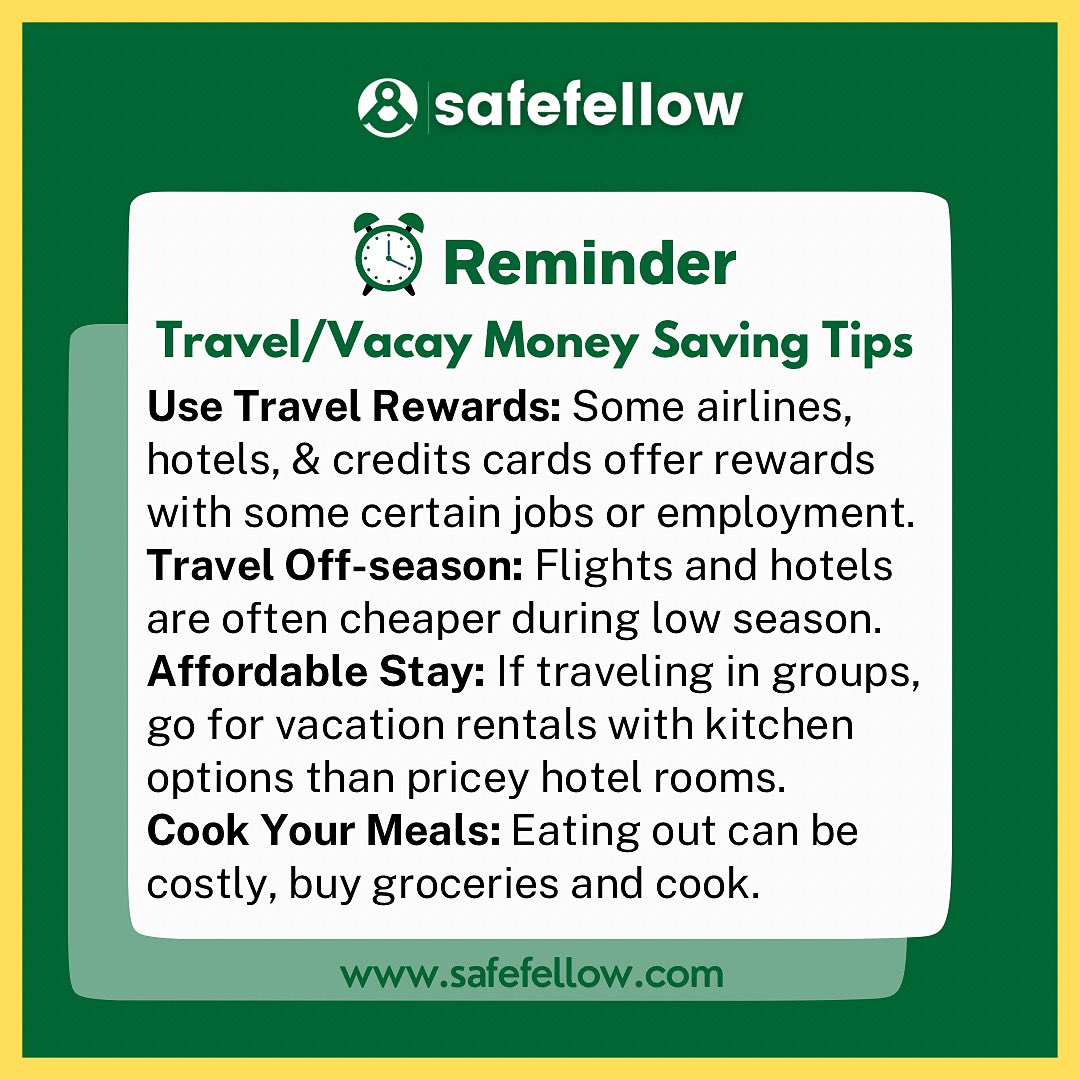 safe_fellow's tweet photo. Traveling and going on vacation can be so expensive, but you can save this way! 💵 
•
•
•
#travel #safefellow #moneytips #safetyfellowship #traveltips #reminder #travelblog #vacay #vacationtips #moneysavingtips #savingmoney #savingideas https://t.co/aqY2oZml6s