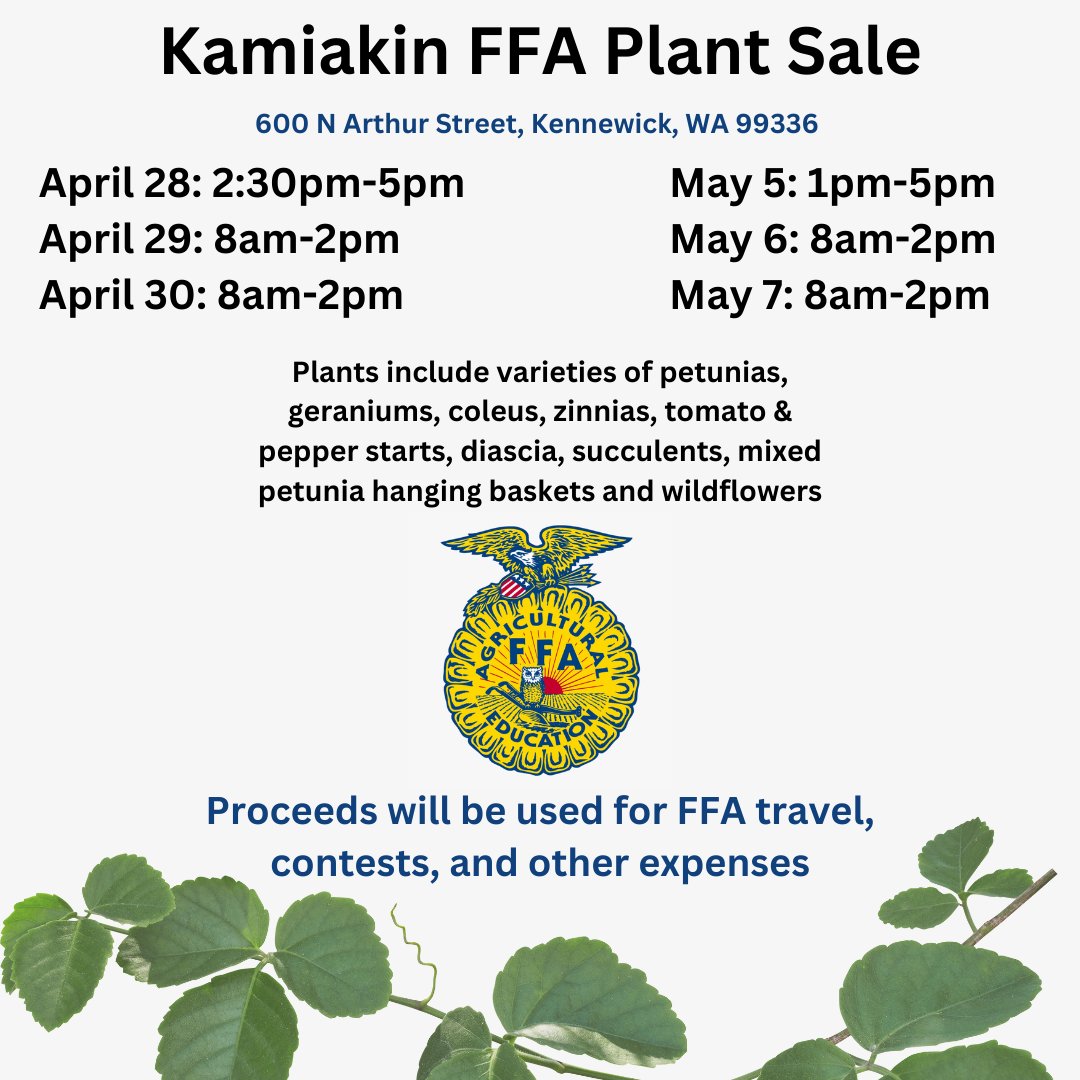 ksdkamiakin's tweet photo. Happy Spring!

Kamiakin FFA would like to invite you to our 2023 FFA Plant Sale. This flyer has the dates and times of our sale. We are accepting cash, check, and card!

We are excited to see you! Go Braves! https://t.co/16WKFG171H