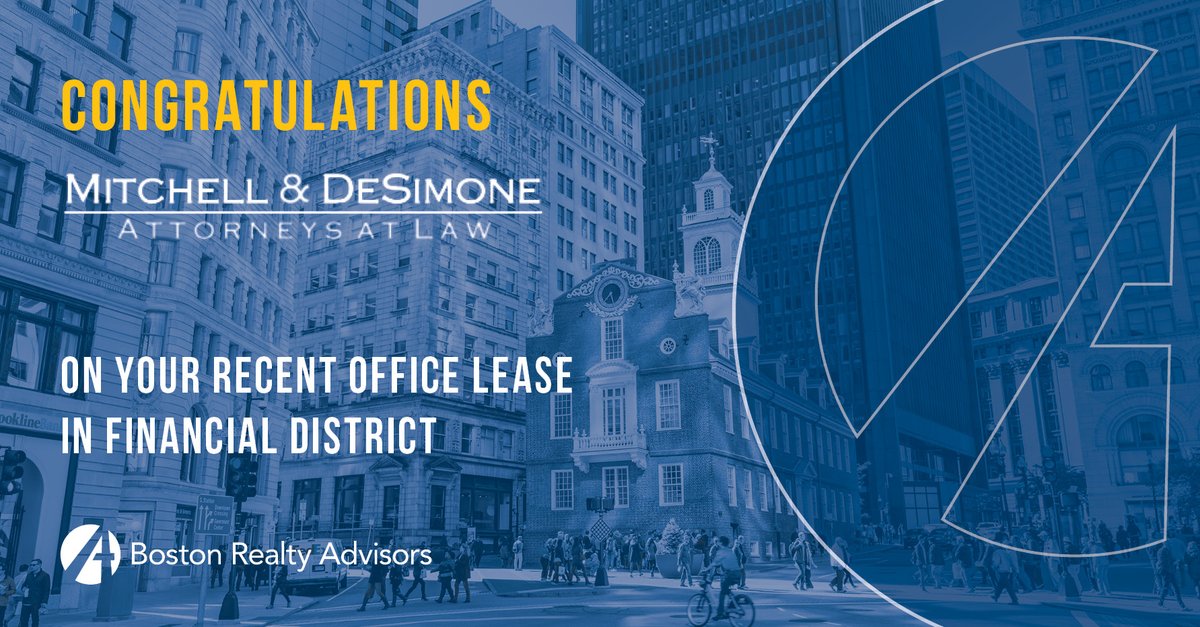 bradvisors's tweet photo. Congratulations, Mitchell & DeSimone on your recent office lease in Boston!
#Boston #BostonCRE #BostonOffice #OfficeLease #BRAdvisors https://t.co/NbYtPJjnCC