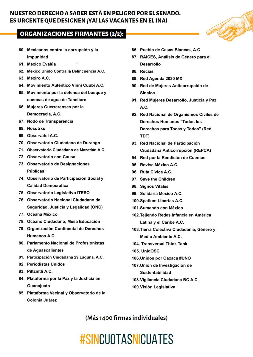 #DesignacionesINAI | 1️⃣0️⃣9️⃣ organizaciones y más de 1,400 personas exigimos al <a href="/senadomexicano/">Senado de México</a> que resuelva las 3 designaciones faltantes del <a href="/INAImexico/">INAI</a> y NO limite nuestro derecho a saber. ¡Quedan 4 sesiones! 🚨

Conoce los detalles: articulo19.org/nuestro-derech…

#SinCuotasNiCuates