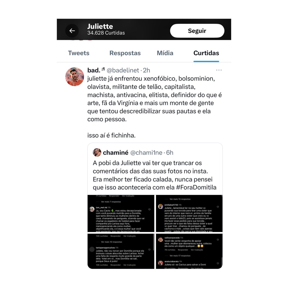 choquei's tweet photo. 🚨VEJA: Juliette curte postagem no Twitter onde diz que ela já enfrentou muita coisa e enfrentar xingamentos sobre o seu posicionamento a favor da Domitila é fichinha. https://t.co/OV2y9Jd0kP