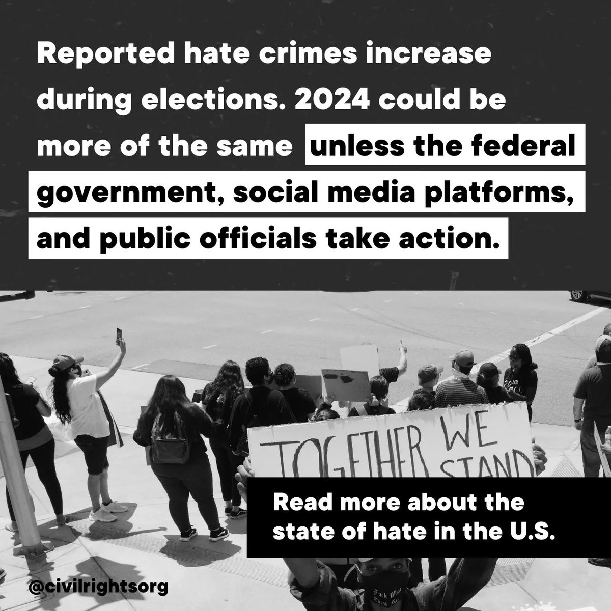The_Advocates's tweet photo. New #CauseForConcern report outlines an unmistakable pattern that has emerged during the last four presidential campaign cycles: Reported hate crimes increase during elections. This must be addressed as we approach a deeply concerning 2024 election cycle. https://t.co/tIrxIoud2I https://t.co/0k6P83YLsA