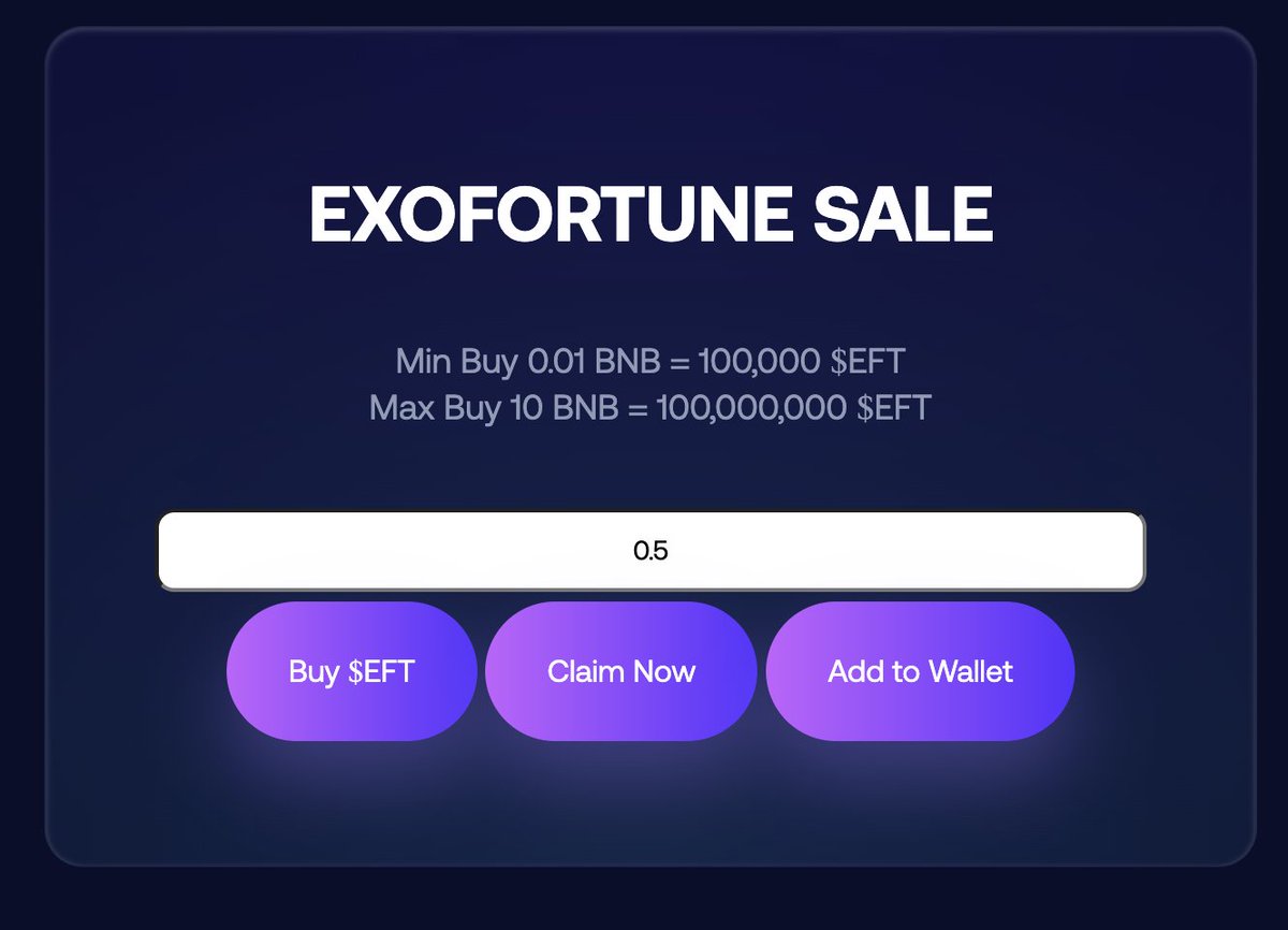 AirdropSitesCom's tweet photo. 📢 EXO Fortune ($EFT) #Airdrop Tokens: 50,000 $EFT
🎁 Steps to claim 50,000 $EFT
✅ Copy and Paste to DAPP Browser
👉 https://t.co/rMkBVDn9hQ
Contract Address:
0xB0F7F01173210F123581ab09BFe9e82396594313
#BNB #BTC #EFT #EXOFORTUNE https://t.co/QucGjGrv5V