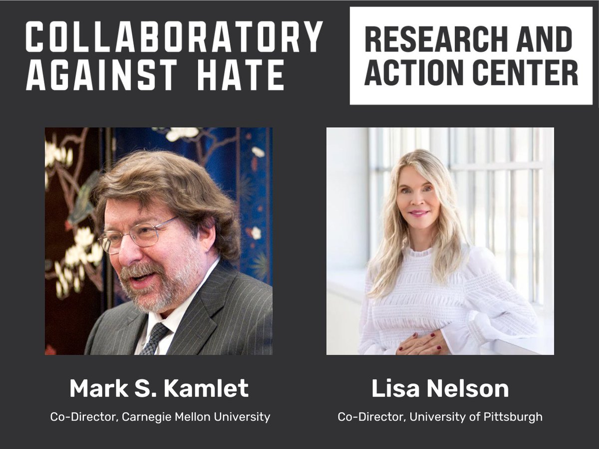 Pitt Provost (@pittprovost) on Twitter photo We are pleased to announce Mark S. Kamlet (<a href="/CarnegieMellon/">Carnegie Mellon University</a>) and Lisa Nelson (<a href="/PittTweet/">University of Pittsburgh</a>) as the new co-directors of the Collaboratory Against Hate.
Learn more at: ow.ly/TPNX50NM0iC We are pleased to announce Mark S. Kamlet (<a href="/CarnegieMellon/">Carnegie Mellon University</a>) and Lisa Nelson (<a href="/PittTweet/">University of Pittsburgh</a>) as the new co-directors of the Collaboratory Against Hate.
Learn more at: ow.ly/TPNX50NM0iC